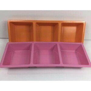 Vintage Set  2  Pink Orange 3-Compartment Melamine Serving Trays Picnic BBQ Pool